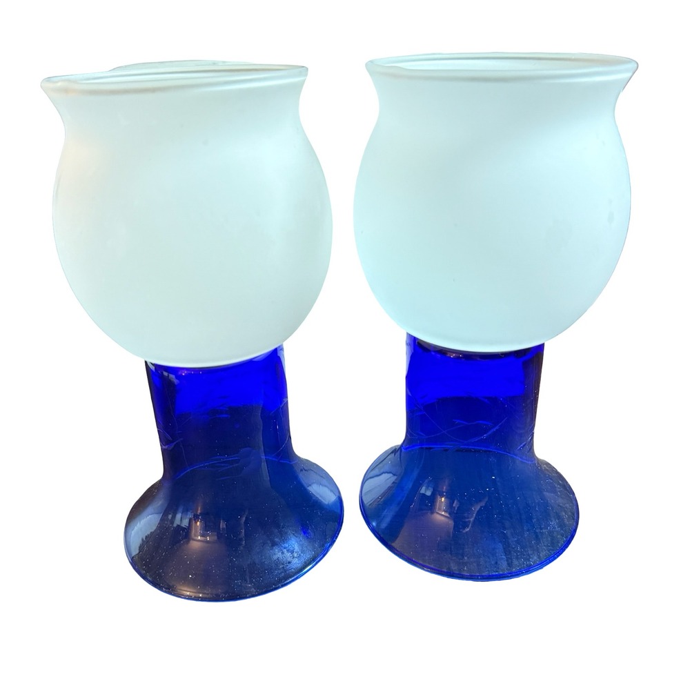 Princess House Tealight Candle Fairy Lamp Set Cobalt Blue Frosted Crystal 6161